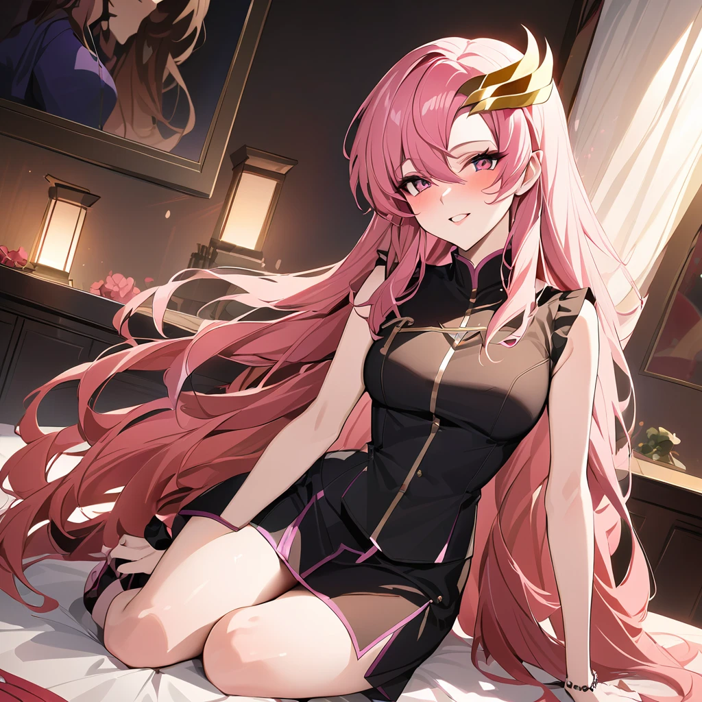 ((Highest quality)), ((masterpiece)), (detailed), （Perfect Face）、The woman is Lacus Lam Tao, a member of the Foundation and wife of Orpheus, King of Accord. She is wearing an engagement ring, beautifully decorated jewelry, and a gorgeous hair ornament.、Lacus, Lam, and Tao have medium-long pink hair and love Orpheus deeply and dearly.、Beloved wife of Orpheus, King of Accord