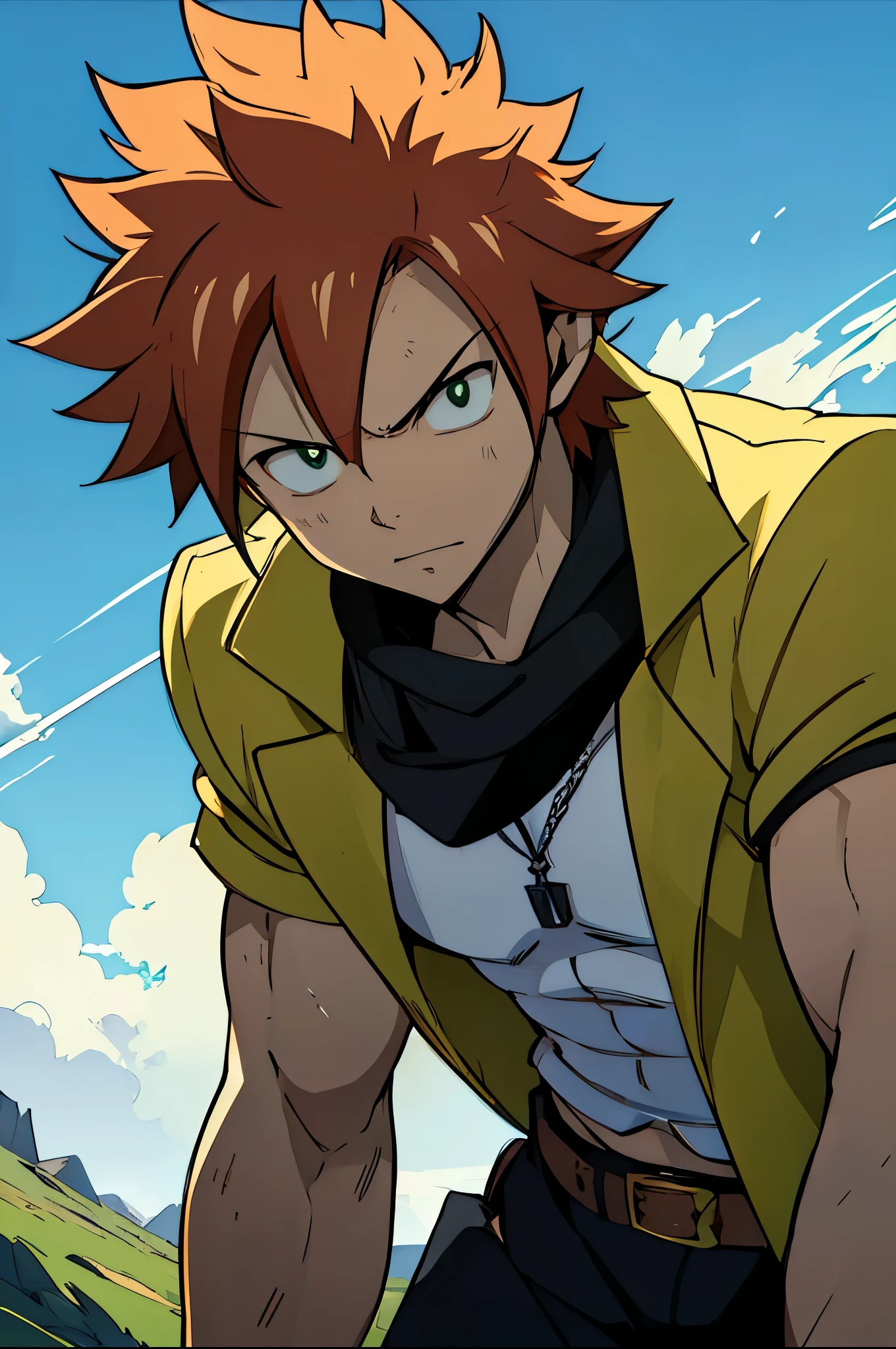 ((arte estilo anime)), (the highest image quality), (detailed strokes), Looking at the Viewer, (angle from bottom to top),  He is a 17 year old teenager, very white skin, He has slightly disheveled ginger hair ,  light green eyes, , muscular body , anime art style Fairy Tail , sexy face, He is dressed in the anime male clothes "Fairy Tail",  , 8k, high quality, masterpiece, , cinematic, vivid colors, shining green eyes 