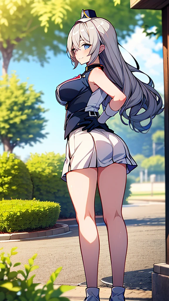 (full body),masterpiece, Highest quality, High resolution, One girl, alone, Grey Hair, Blue eyes, sunfes，band uniform, No sleeve, White gloves, Pleated skirt, Knee-high boots, Cowboy Shot, Hands on hips, smile, Open your mouth, Outdoor，Thick thighs，((Butt, Butt focus, Recall)),(The skirt is blown up by the wind),