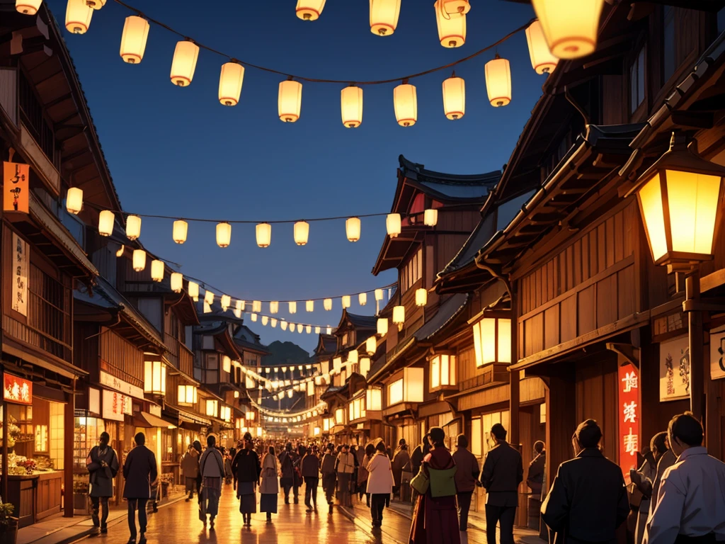 A medieval Japanese city, buildings in traditional Japanese style, lanterns lighting the night, people celebrating