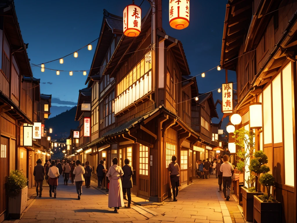 A medieval Japanese city, buildings in traditional Japanese style, lanterns lighting the night, people celebrating