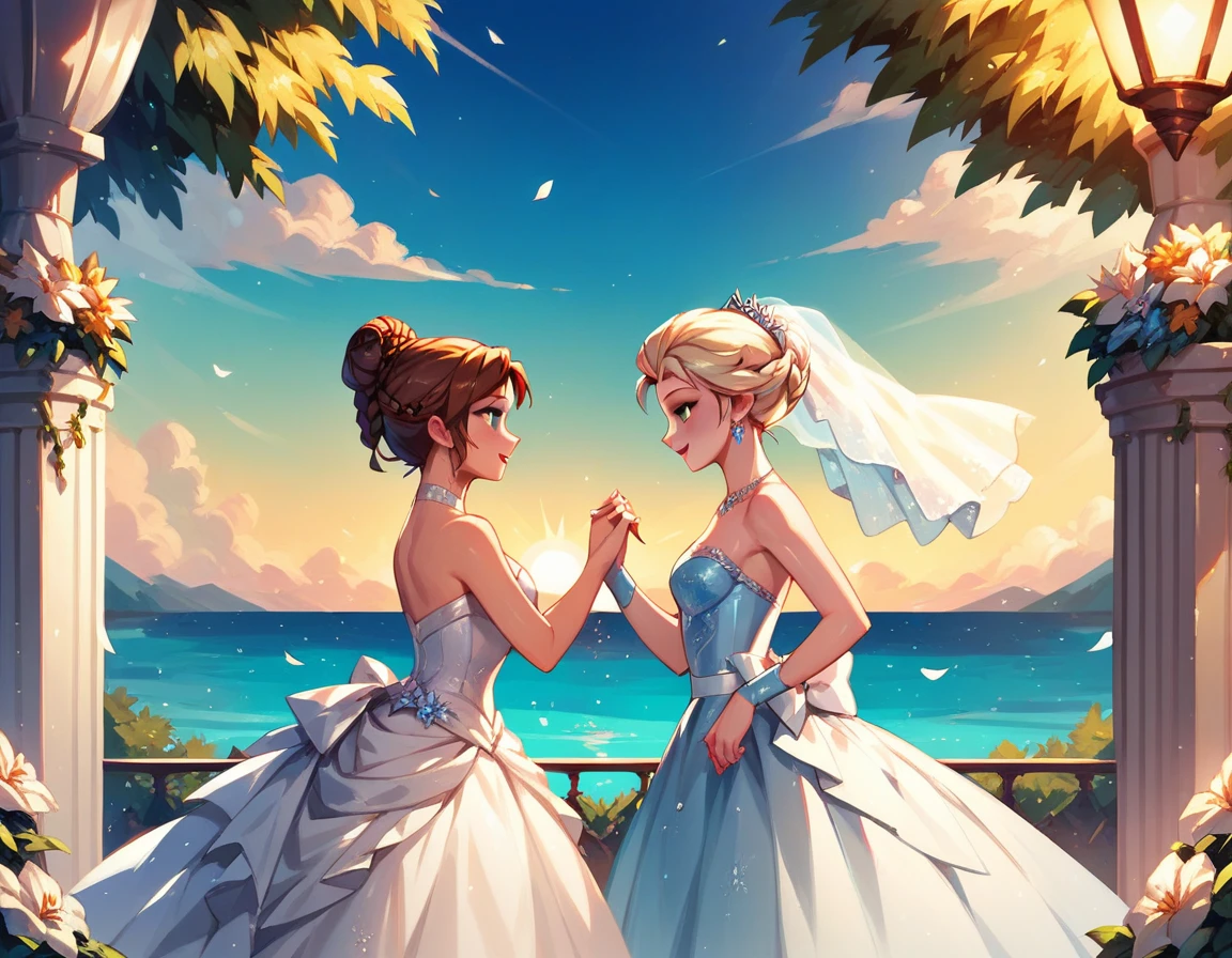 score_9, score_8_up, score_7_up, score_6_up, 2girls, elsa (blonde hair, updo braid, ice blue wedding dress:1.1) and anna (brown hair, updo bun, green wedding dress:1.3),, wedding day, lovers, in love, epic wedding, celebration, cinematic lighting,, sunset, cowboy shot.