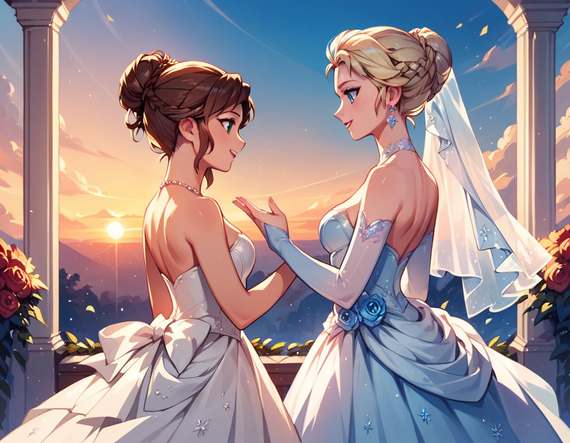 score_9, score_8_up, score_7_up, score_6_up, 2girls, elsa (blonde hair, updo braid, ice blue wedding dress:1.1) and anna (brown hair, updo bun, green wedding dress:1.3),, wedding day, lovers, in love, epic wedding, celebration, cinematic lighting,, sunset, cowboy shot.