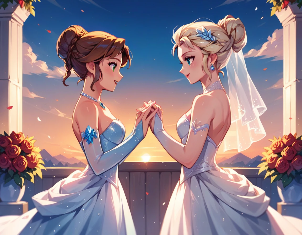 score_9, score_8_up, score_7_up, score_6_up, 2girls, elsa (blonde hair, updo braid, ice blue wedding dress:1.1) and anna (brown hair, updo bun, green wedding dress:1.3),, wedding day, lovers, in love, epic wedding, celebration, cinematic lighting,, sunset, cowboy shot.