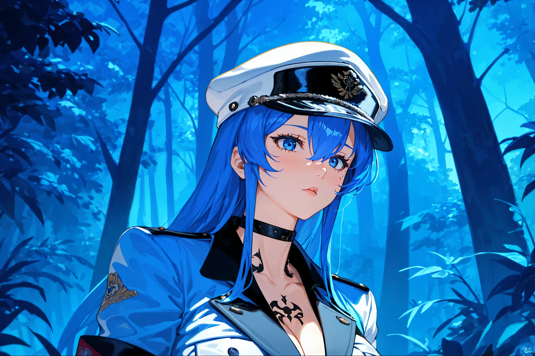 1girl, solo, mature female, adult, blue eyes, blue hair, long hair, hat, peaked cap, cleavage, large breasts, military uniform, military, uniform, choker, chest tattoo, upper body, standing, outdoors, nature, night, anime screencap, depth of field