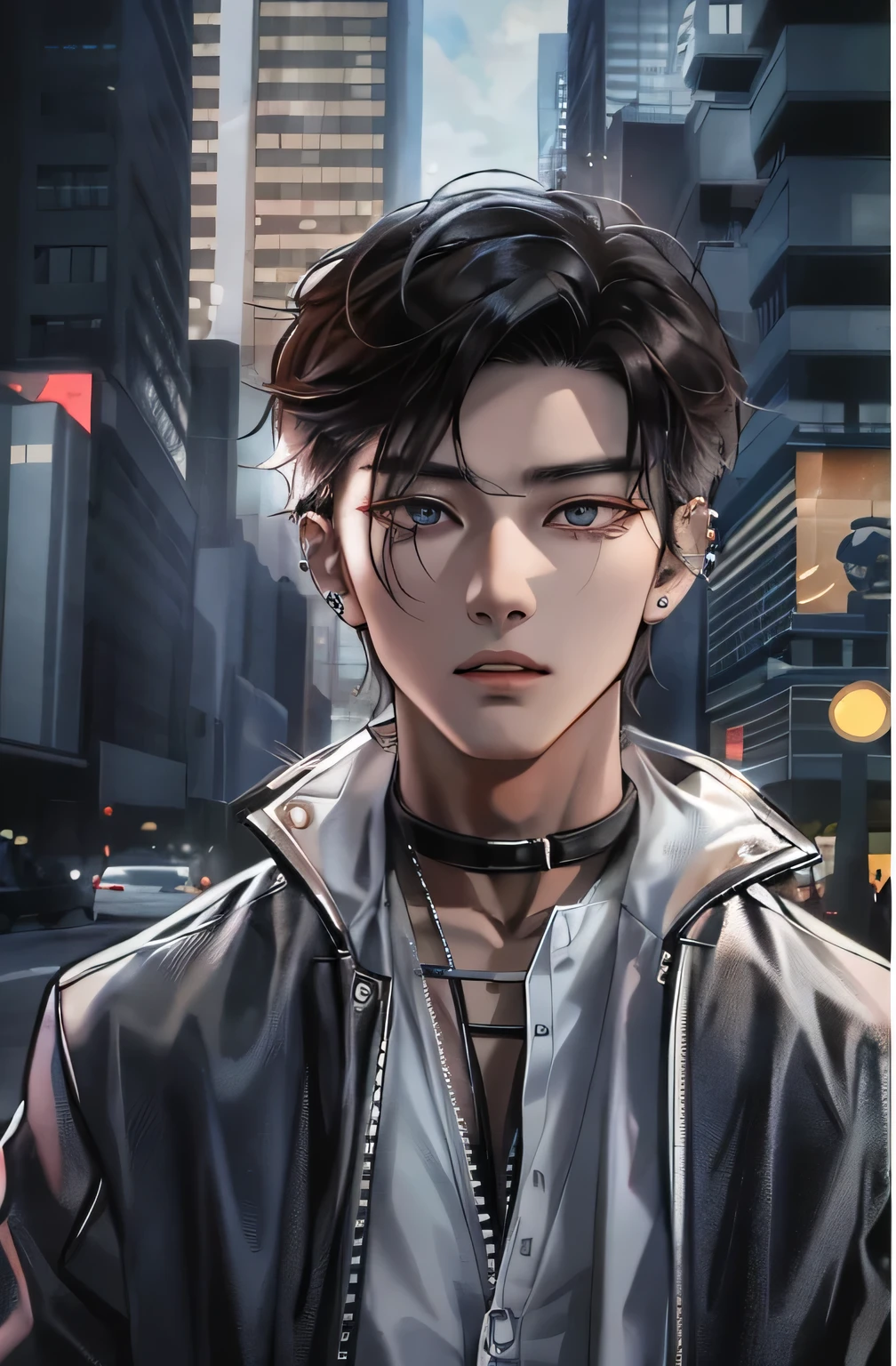 Describe the striking facial features of a Korean boy in clear HD graphics., with his piercing amber eyes and chiseled jawline, dressed in stylish clothes, modern outfit, highlighting his lean physique. its short, dark hair styled in a modern style, giving him an air of confidence and charm, when he stands against the backdrop of a bright cityscape.