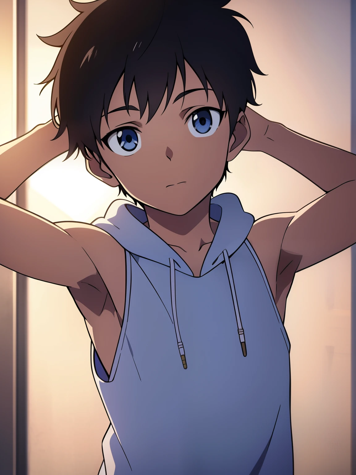 Highres, Masterpiece, Best quality at best,Best Quality,hight quality, hight detailed, Anime style, 1boy, Shota, young boy, Solo person, white hoodie, Sleeveless hoodie, Upper body, Seen from the front, look at viewer, (Very young boy), (very small and short body), ***************s, (Showing armpit:1.3), hansome boy, Uhd, bokeh, Simlle beckground, 8k photo, best quality, beautiful lighting, intricate details, photorealistic, photo, masterpiece, realistic, photorealism, detailed, hyper detailed, best quality, ultra high res, high resolution, detailed, raw photo, detailed face, detailed eyes, looking at viewer