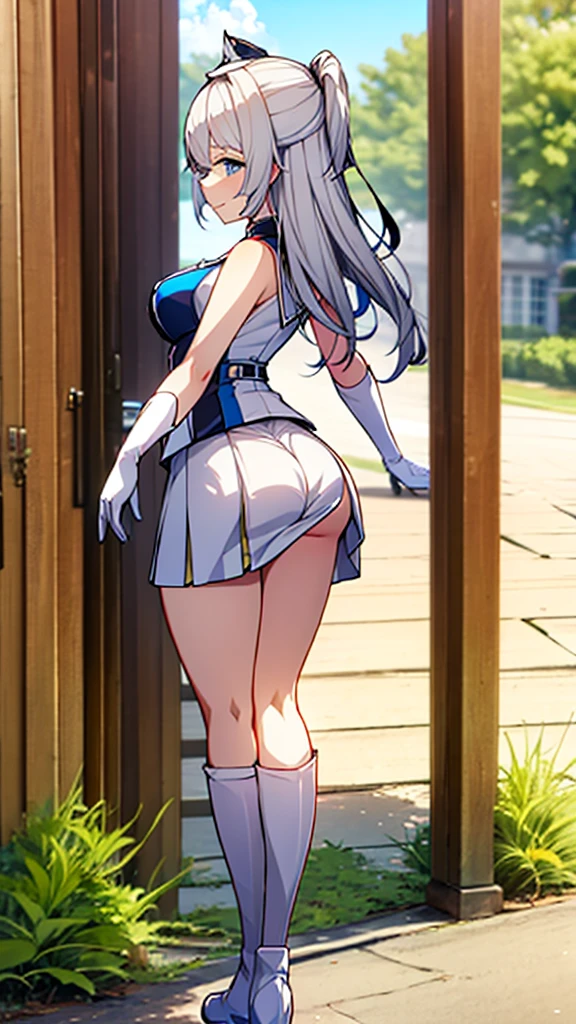 (full body),masterpiece, Highest quality, High resolution, One girl, alone, Grey Hair, Blue eyes, (sunfes，band uniform, No sleeve, White gloves, Pleated skirt, Knee-high boots), Cowboy Shot, Hands on hips, smile, Open your mouth, Outdoor，Thick thighs，((Butt, Butt focus, Recall)),(The skirt is blown up by the wind),