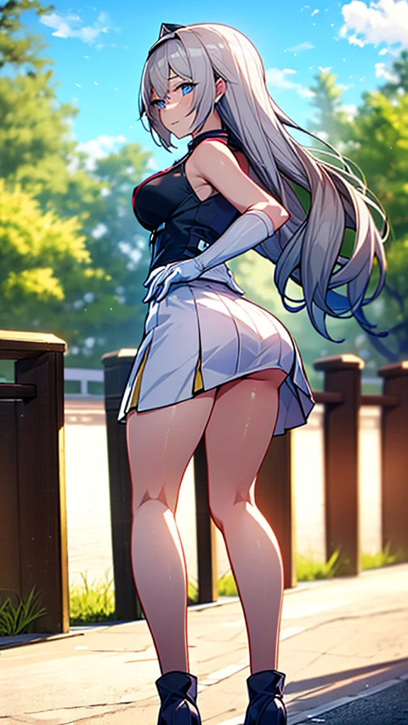 (full body),masterpiece, Highest quality, High resolution, One girl, alone, Grey Hair, Blue eyes, (sunfes，band uniform, No sleeve, White gloves, Pleated skirt, Knee-high boots), Cowboy Shot, Hands on hips, smile, Open your mouth, Outdoor，Thick thighs，((Butt, Butt focus, Recall)),(The skirt is blown up by the wind),