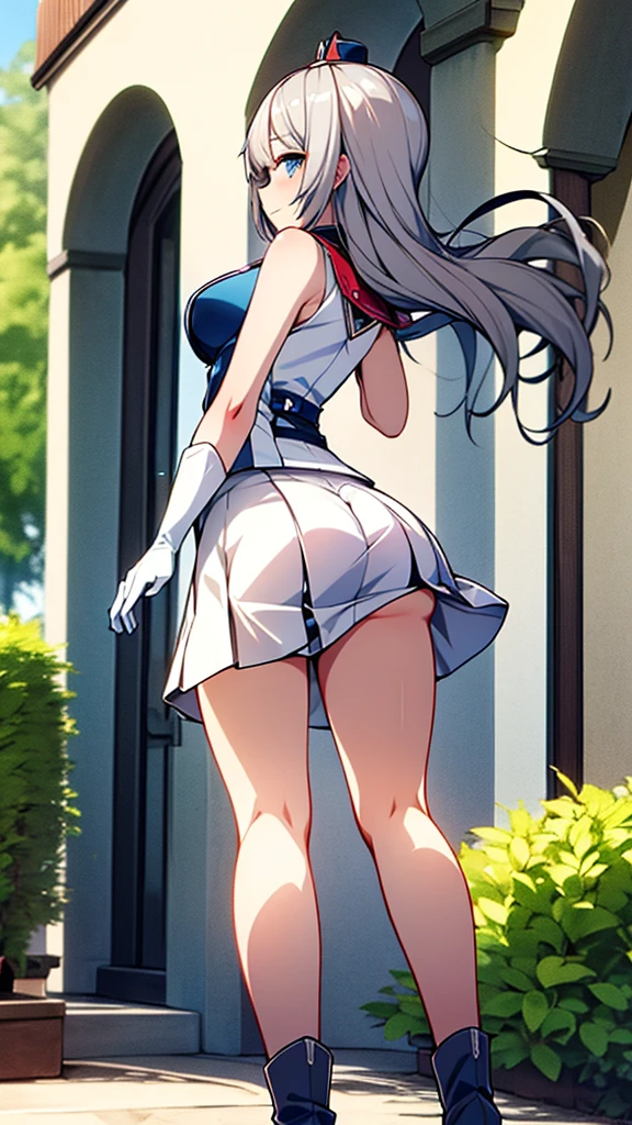 (full body),masterpiece, Highest quality, High resolution, One girl, alone, Grey Hair, Blue eyes, (sunfes,band uniform, No sleeve, White gloves, Pleated skirt, Knee-high boots), Cowboy Shot, Hands on hips, smile, Open your mouth, Outdoor,Thick thighs,((Butt, Butt focus, Recall)),(The skirt is blown up by the wind),
