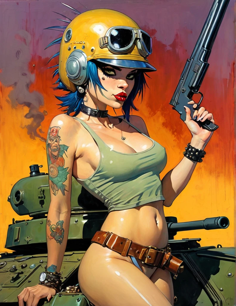 Nude tank girl character, military helmet, cigar, piercings, shotgun, in a tank, (art inspired by Skottie Young and Bill Sienkiewicz). oil painting)