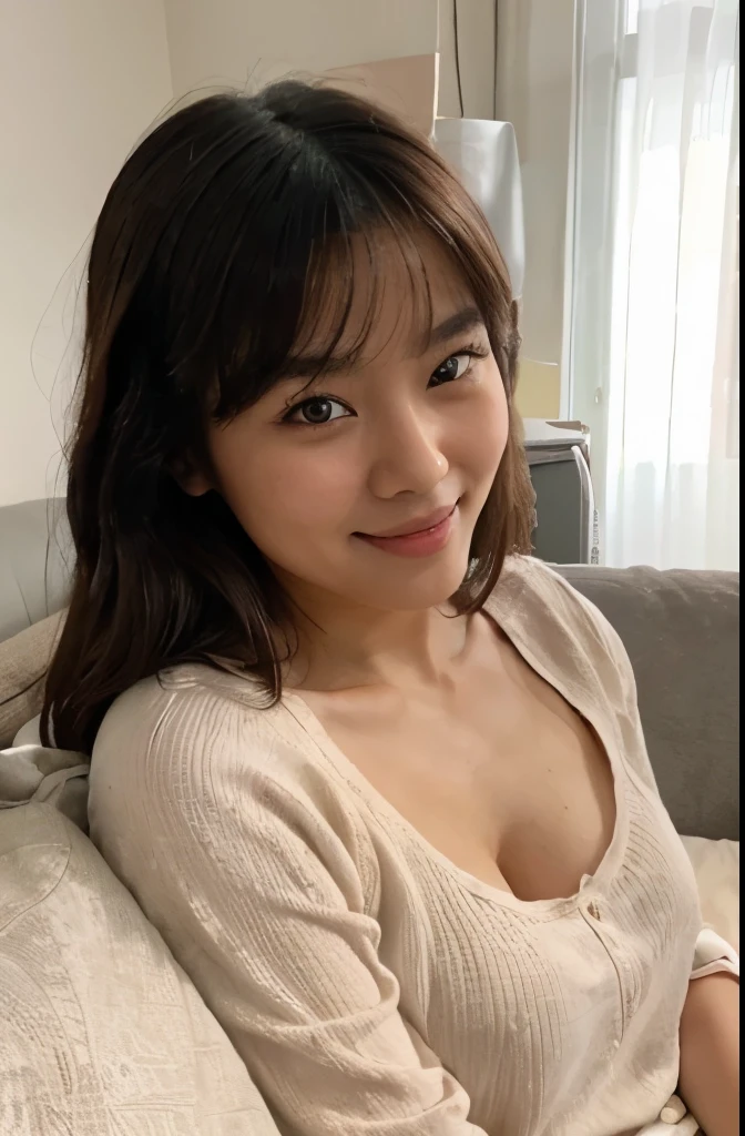 Create a realistic amateur iphone photo of an very young looking adult asian woman with light clothes on the couch neutral face in her appartement with the following features: Smiling face with visible dimples, dark brown hair, Almond-shaped eyes, light pink blush on the cheeks