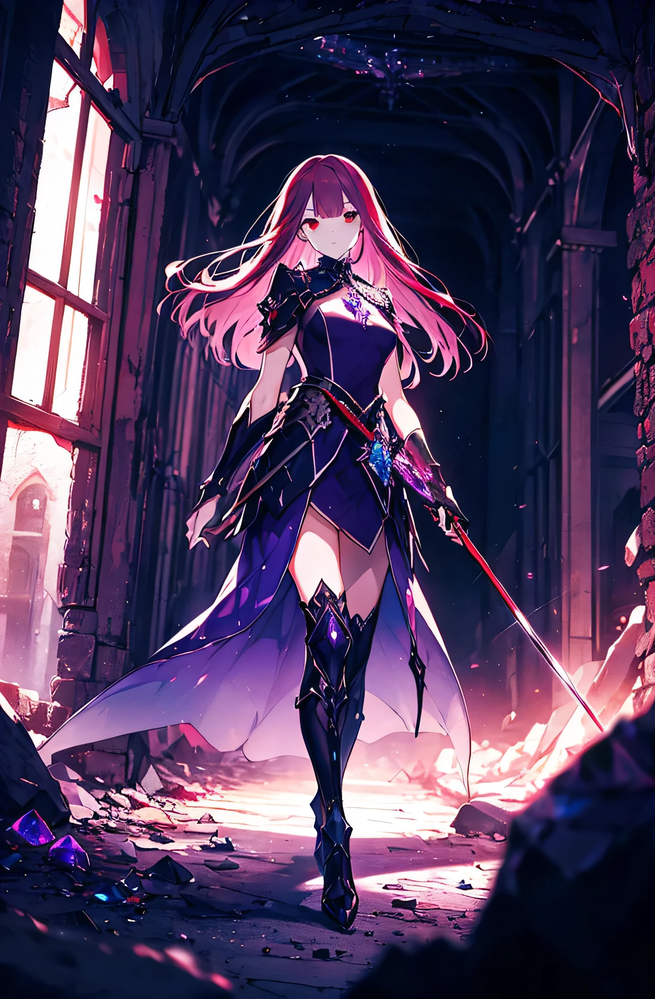 4k,hight resolution,One Woman,Bright red hair,Longhaire,red eyes,knights,white sacred armor,jewel decorations,Big sword,medieval town,furious,((dark cave,ruin place)),((purple crystal)),((purple crystal)),((purple crystal)),((purple crystal)),