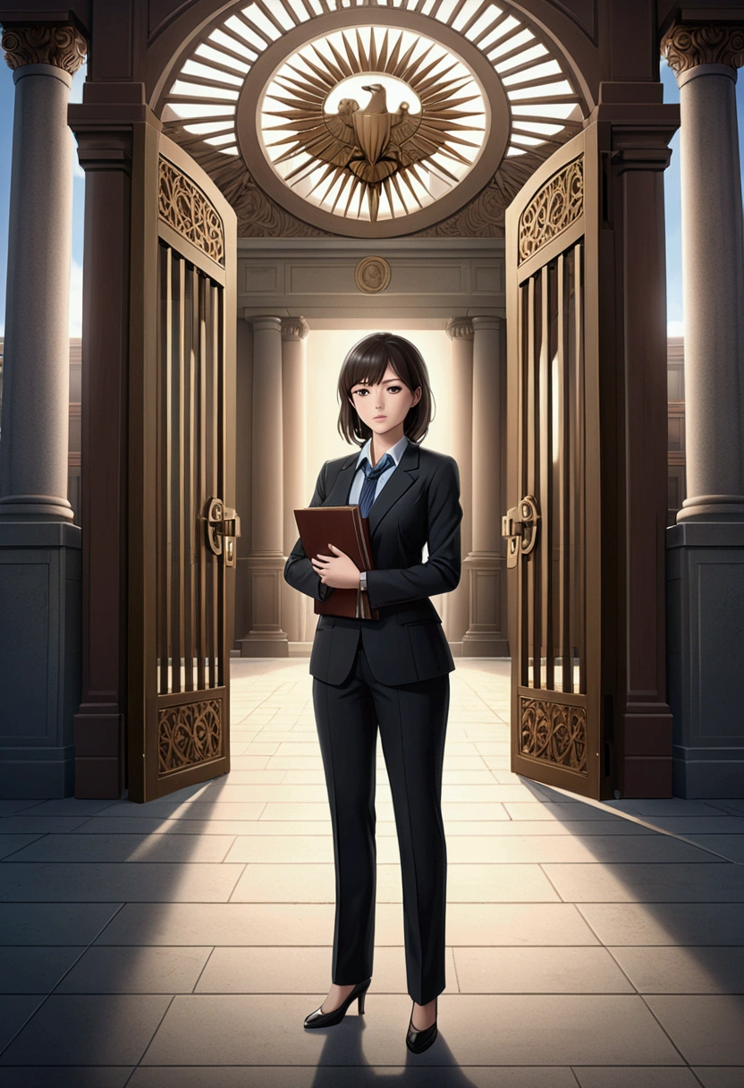 (Lawyer), female lawyer stands in front of the court gate, full body, award-winning, cinematic still, emotional, vignette, dynamic, vivid, (masterpiece, best quality, photorealistic, Professional, perfect composition, very aesthetic, absurdres, ultra-detailed, intricate details:1.3)