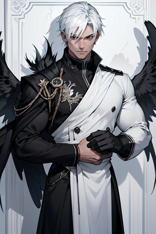 (Artwork, best quality, ultra HD, 8k, wall-paper), Cinematic sensation, perfect hands, perfecteyeballs, eyeballs detalhados, a man with very obvious black wings, fully body, Large and elegant white costume with strategic black details, displaying the powerful black tones on both characters'eyeballs,, renderize a arte em uma impressionante resolução de 8k para mostrar todos os detalhes complexos, bringing the character and scene to life, set the stage under a clear, star-studded night sky, with the full moon casting its ethereal glow over the environment, capture the cinematic essence.