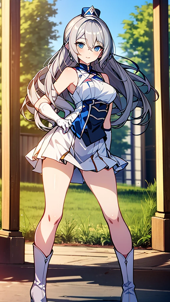 (full body),masterpiece, Highest quality, High resolution, One girl, alone, Grey Hair, Blue eyes, (sunfes，band uniform, No sleeve, White gloves, Pleated skirt, Knee-high boots), Cowboy Shot, Hands on hips, smile, Open your mouth, Outdoor，Thick thighs，(The skirt is blown up by the wind,I can see the leotard),