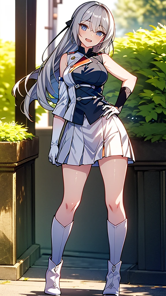 (full body),masterpiece, Highest quality, High resolution, One girl, alone, Grey Hair, Blue eyes, (sunfes，band uniform, No sleeve, White gloves, Pleated skirt, Knee-high boots), Cowboy Shot, Hands on hips, smile, Open your mouth, Outdoor，Thick thighs，(The skirt is blown up by the wind,I can see the leotard),