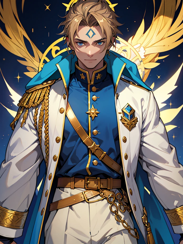 
A male character with brown hair and blonde highlights, blue colored eyes, wearing an elaborate uniform. The blue priest uniform, offwhite, yellow and black, with a blue jacket decorated with yellow details and a white cape with yellow edges. He wears white pants and a brown belt with a large gold star-shaped buckle.. father, priest, The character has golden ornaments on his shoulders and sleeves., a bright blue ornament on the forehead, and golden details on your face, Golden Elements, work of art, high qualiy, highy detailed, High definition, 4K