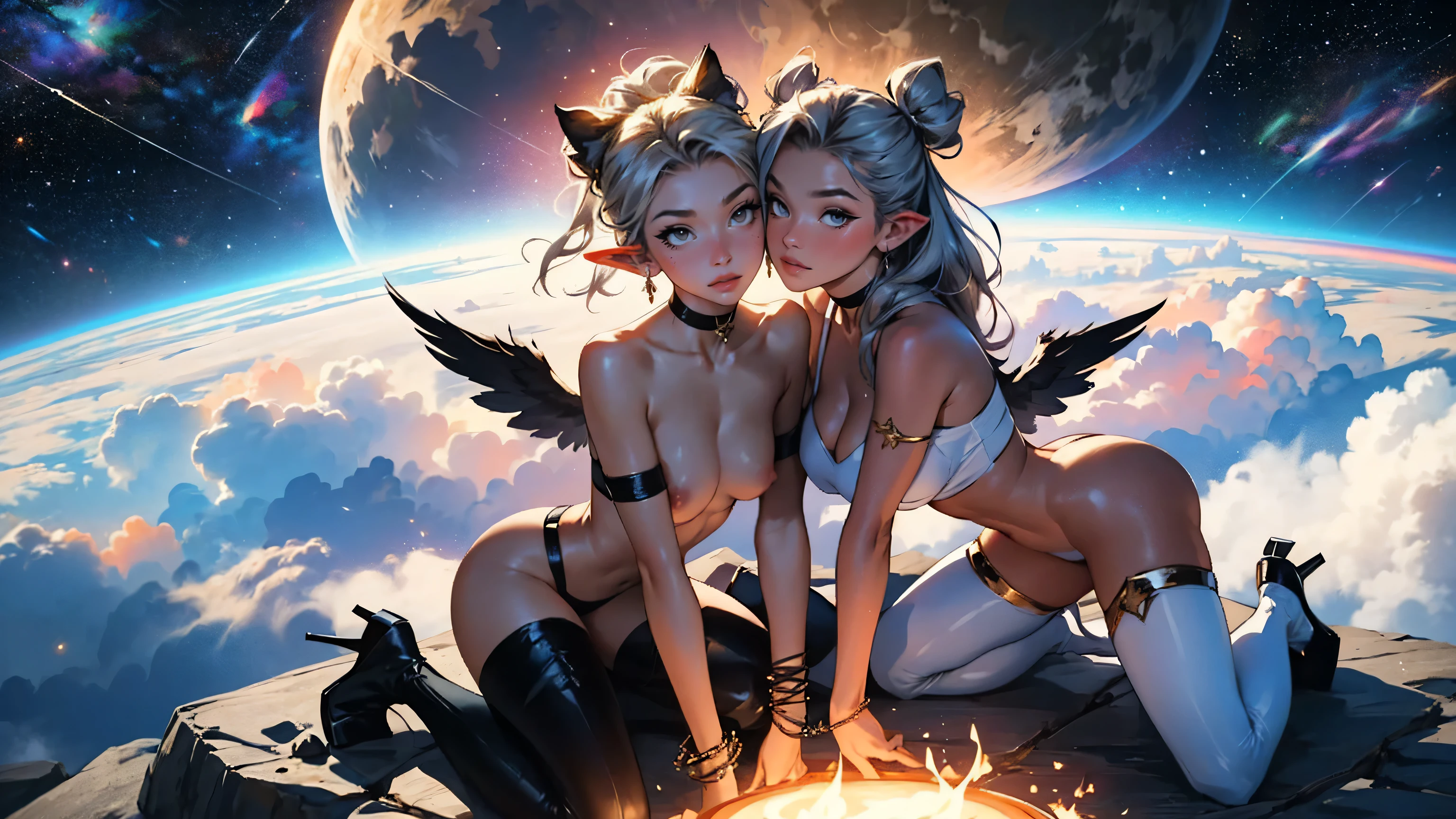 three beautiful elf girls, naked, nude, extreme abs, cute face, crazy hair, futuristic, colored hair, yellow eyes, leather choker, deep fashion, cyberspace, surreal, virtual reality, white light, video game, crazy colors, spreading legs, high heels, kneeling, all fours pose, kissing, hugging, laying down, ribbons, space buns, leather straps, weird perspective, future technology, playfull, cute, profound, cat ears, dramatic glowing halos, colorful angelic wings, group photo, temple, magical energies, witchcraft, permanent love energy, , deity, God, halo, jewels, angel wings, ethereal, clouds, detailed face, spreading legs, 2 girl angels, extreme abs, space buns, multicolor hair, high heels, looking at the viewer, nudity, sigils of freedom, surreal, misty,2 beautiful girls,heaven, completely naked, cute face, unique face, long hair, extreme abs, on the clouds, extreme abs, naked, heaven, naked, serene, peaceful, playing, golden gates, beautiful girl elf, gold colors on black, cloud heaven, cute face, unique face, long hair, rainbow colours, deity, God, halo, jewels, cloud city, angel wings, ethereal, surreal, misty, jewlery , nudity,