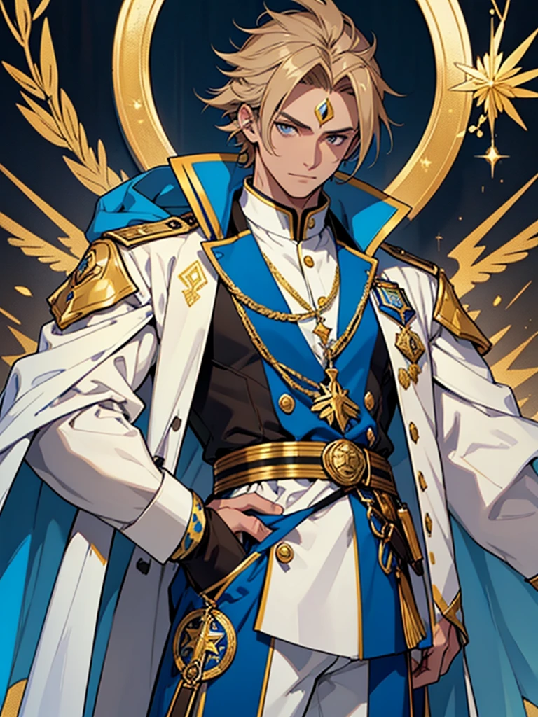 
A male character with brown hair and blonde highlights, blue colored eyes, wearing an elaborate uniform. The blue priest uniform, offwhite, yellow and black, with a blue jacket decorated with yellow details and a white cape with yellow edges. He wears white pants and a brown belt with a large gold star-shaped buckle.. father, priest, The character has golden ornaments on his shoulders and sleeves., a bright blue ornament on the forehead, and golden details on your face, Golden Elements, work of art, high qualiy, highy detailed, High definition, 4K