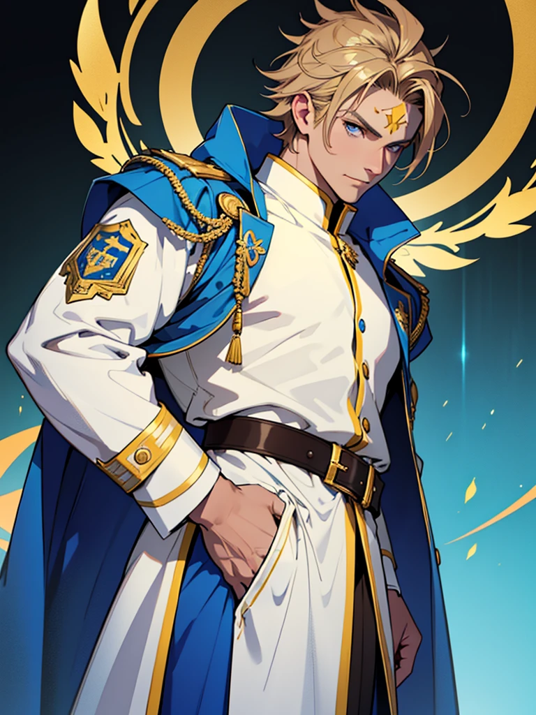 A male character with brown hair and blonde highlights, blue colored eyes, wearing an elaborate uniform. The blue priest uniform, offwhite, yellow and black, with a blue jacket decorated with yellow details and a white cape with yellow edges. He wears white pants and a brown belt with a large gold star-shaped buckle.. father, priest, The character has golden ornaments on his shoulders and sleeves., a bright blue ornament on the forehead, and golden details on your face, Golden Elements, work of art, high qualiy, highy detailed, High definition, 4K