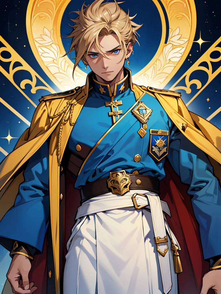 A male character with brown hair and blonde highlights, blue colored eyes, wearing an elaborate uniform. The blue priest uniform, offwhite, yellow and black, with a blue jacket decorated with yellow details and a white cape with yellow edges. He wears white pants and a brown belt with a large gold star-shaped buckle.. father, priest, The character has golden ornaments on his shoulders and sleeves., a bright blue ornament on the forehead, and golden details on your face, Golden Elements, work of art, high qualiy, highy detailed, High definition, 4K