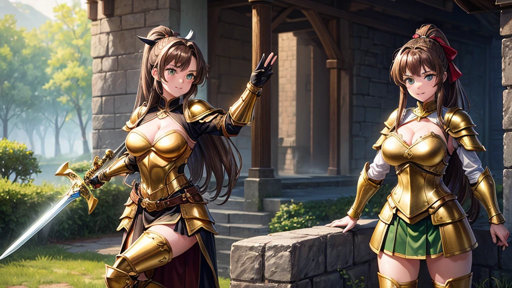 2girls, warriors, war, ((brown hair)), ponytail, large breasts, ((very detailed golden armor)), armor motif, cleavage 1:3, green eyes, long skirt, silver boots, sword, grin, fire, warzone, medieval, looking at the viewer, standing, hair ribbon, wind