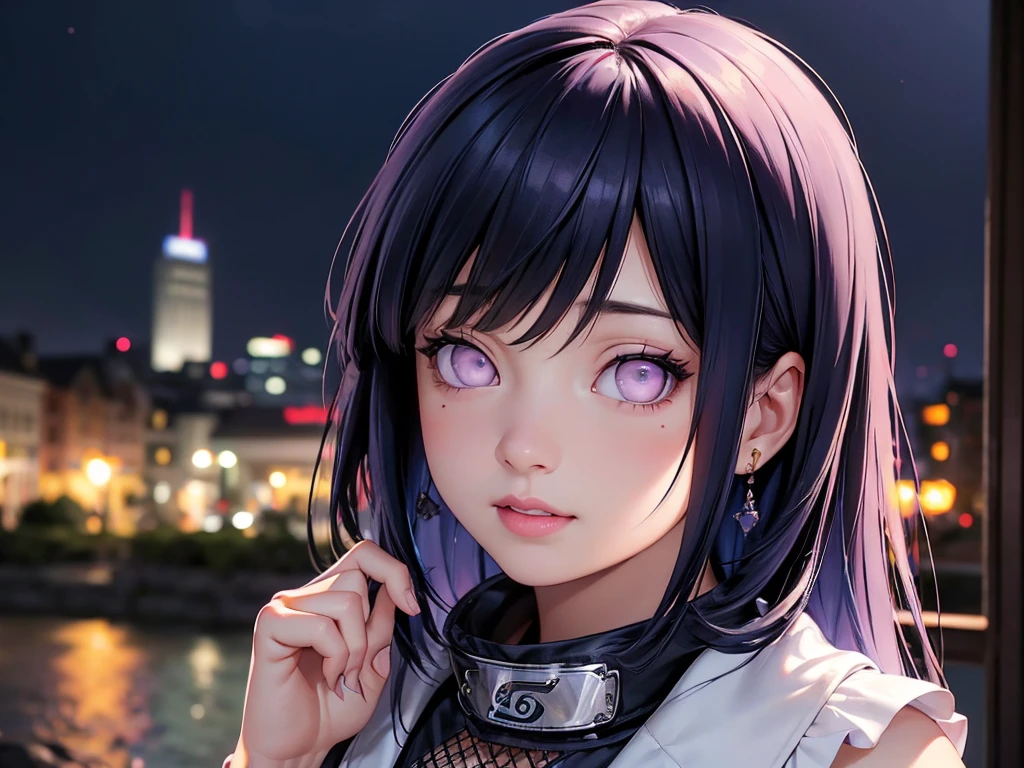 High details:1.9, high resolution, Natural strokes and colors, natural lighting, face detailed, detailed hair, eye detailed, detailed nose, detailed lips, detailed hands. an adult and beautiful girl:1.9. wearing a sleeveless blouse. with pink lips. A city at night. With straight blue hair. with clear purple eyes. hyuga Hinata