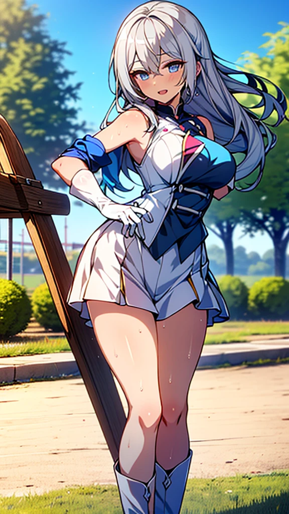 (full body),masterpiece, Highest quality, High resolution, One girl, alone, Grey Hair, Blue eyes, (sunfes，band uniform, No sleeve, White gloves, Pleated skirt, Knee-high boots), Cowboy Shot, Hands on hips, smile, Open your mouth, Outdoor，Thick thighs，(The skirt is blown up by the wind,I can see the leotard),((Browsing Caution，Masturbation，Rubbing the crotch，Sweaty))