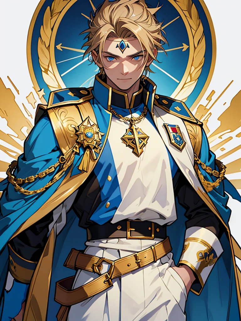 A male character with brown hair and blonde highlights, blue colored eyes, wearing an elaborate uniform. Slim and young The blue priest uniform, offwhite, yellow and black, with a blue jacket decorated with yellow details and a white cape with yellow edges. He wears white pants and a brown belt with a large gold star-shaped buckle.. father, priest, The character has golden ornaments on his shoulders and sleeves., a bright blue ornament on the forehead, and golden details on your face, Golden Elements, work of art, high qualiy, highy detailed, High definition, 4K