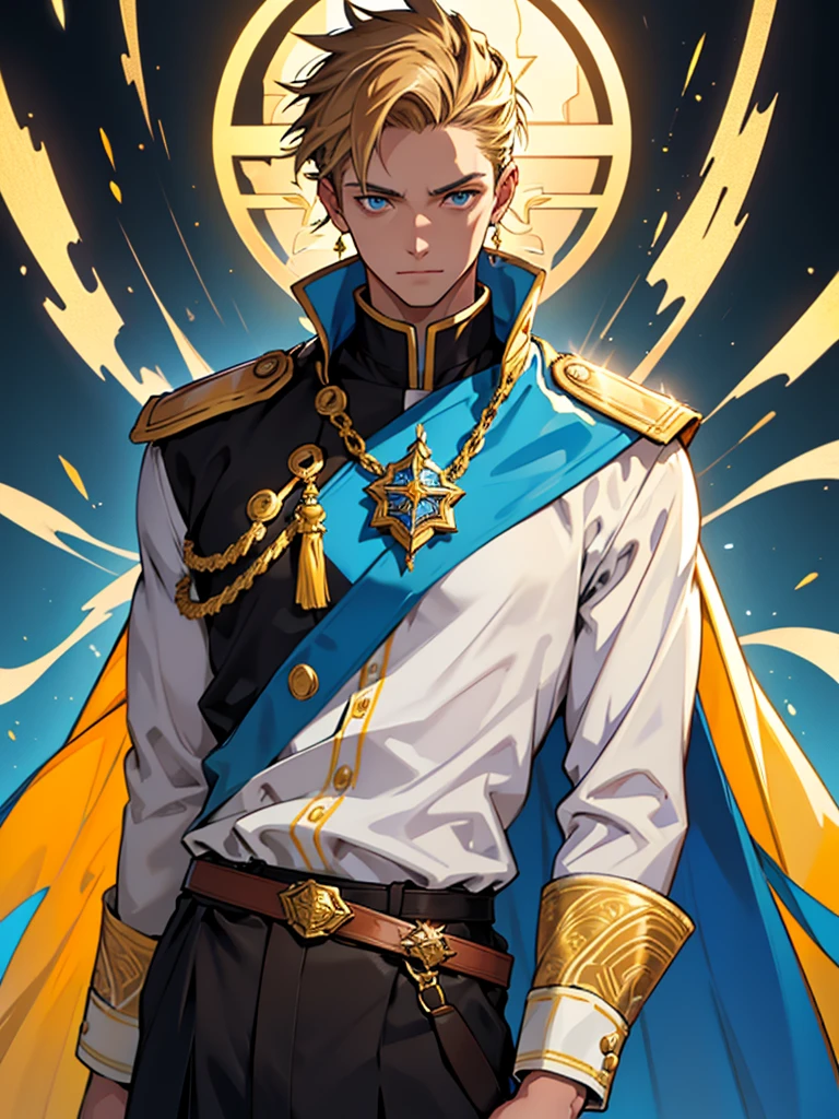 A male character with brown hair and blonde highlights, blue colored eyes, wearing an elaborate uniform. Slim and young The blue priest uniform, offwhite, yellow and black, with a blue jacket decorated with yellow details and a white cape with yellow edges. He wears white pants and a brown belt with a large gold star-shaped buckle.. father, priest, The character has golden ornaments on his shoulders and sleeves., a bright blue ornament on the forehead, and golden details on your face, Golden Elements, work of art, high qualiy, highy detailed, High definition, 4K