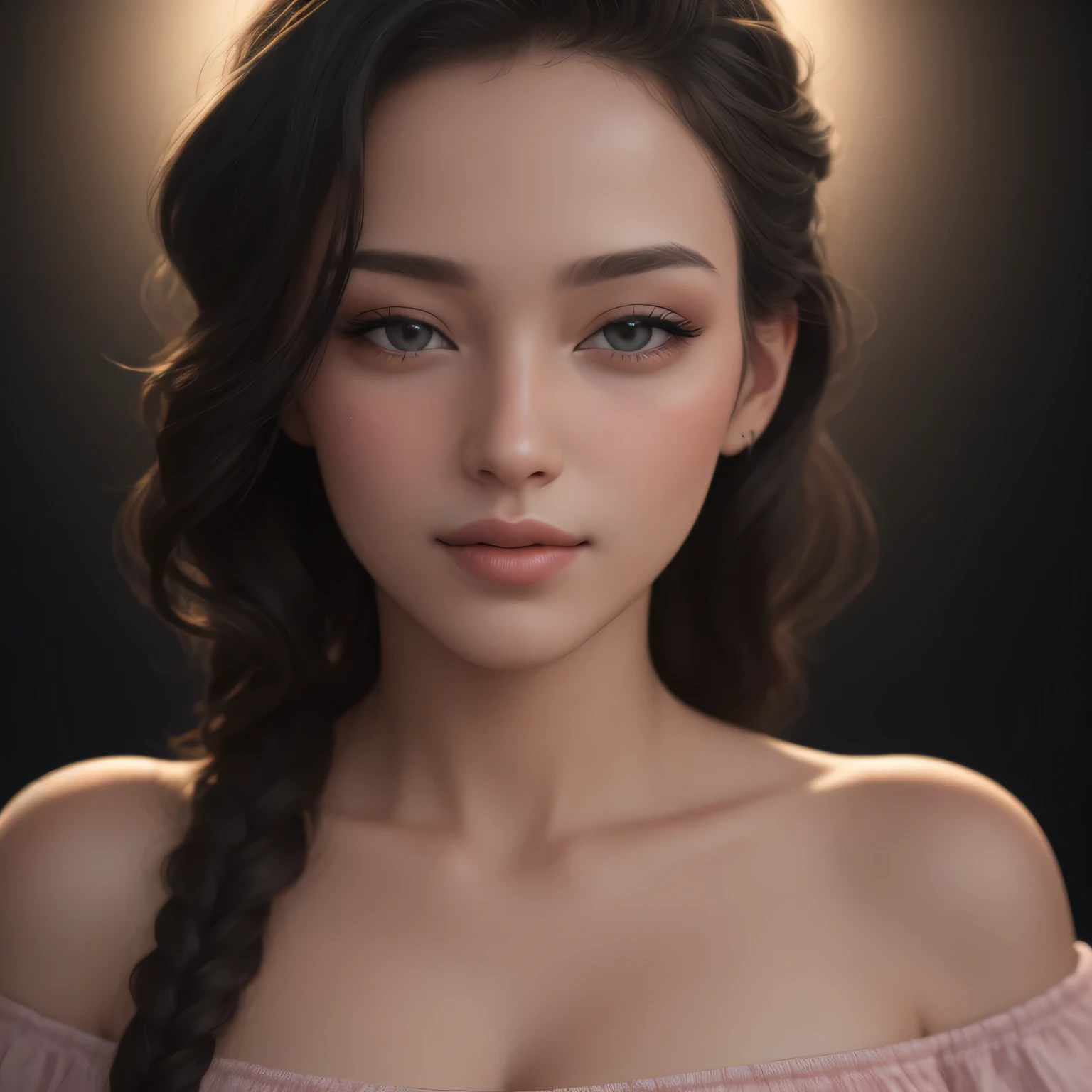 a beautiful woman with long black braided hair, seductive soft eyes, blushing hard, pink parted lips with a seductive smile, long neck and collarbone, medium chest and cleavage, wearing an off-shoulder t-shirt exposing her bare shoulders, (best quality,4k,8k,highres,masterpiece:1.2),ultra-detailed,(realistic,photorealistic,photo-realistic:1.37),intricate details,highly detailed face,extremely detailed eyes and face,longeyelashes,beautiful detailed lips,extremely detailed skin,cinematic lighting,warm color tones,chiaroscuro lighting,romantic,sensual,intimate,alluring,captivating