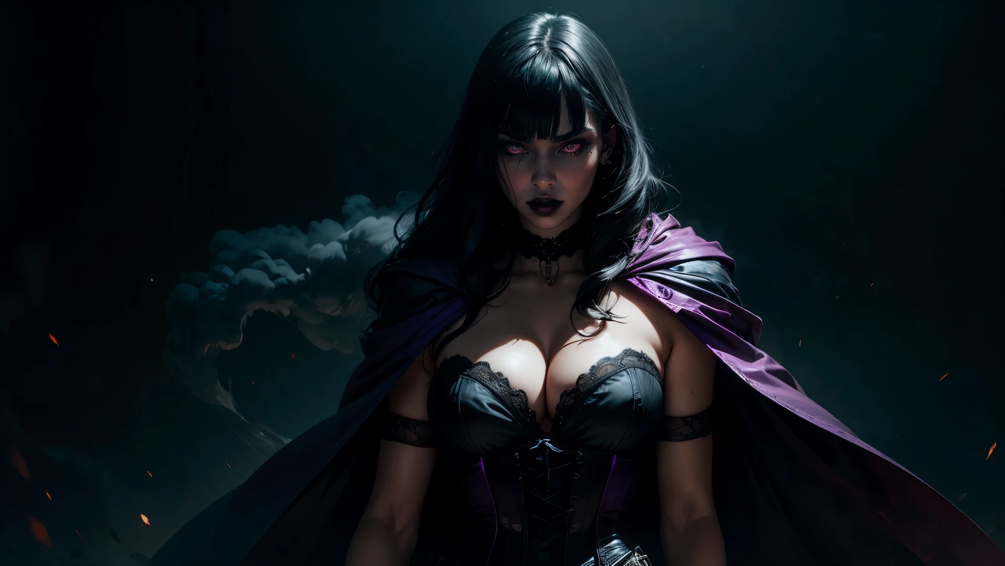Black Superhero that possesses the power to control shadows, summon nightmarish creatures, and cast spells that induce chilling nightmares. She wields a staff topped with a glowing crystal that exudes an eerie, purple radiance. Her voice is a haunting melody that sends shivers down the spine.