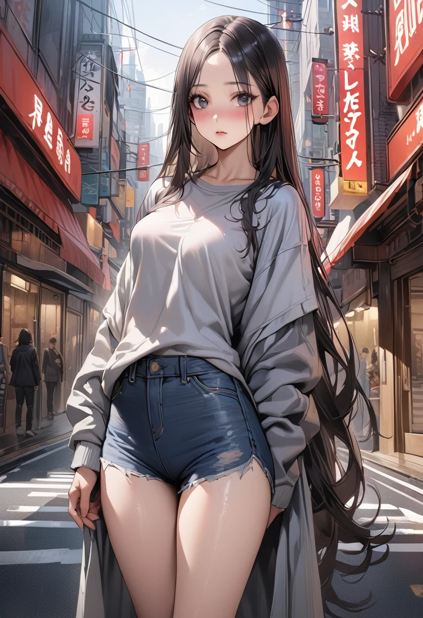 ((masterpiece,Highest quality:1.3,best quality illustration)),realistic,cowboy shot,独奏,1woman,(25 year old beauty),((very small head:1.3)),black hair,long hair,forehead,center parted bangs,black eyes,gorgeous big eyes,blush,((very long body,skinny)),medium breasts,gleaming skin,slender body,skinny,(oversized gray sweatshirt)、Denim shorts、standing,on street,Shinjuku、Tokyo、