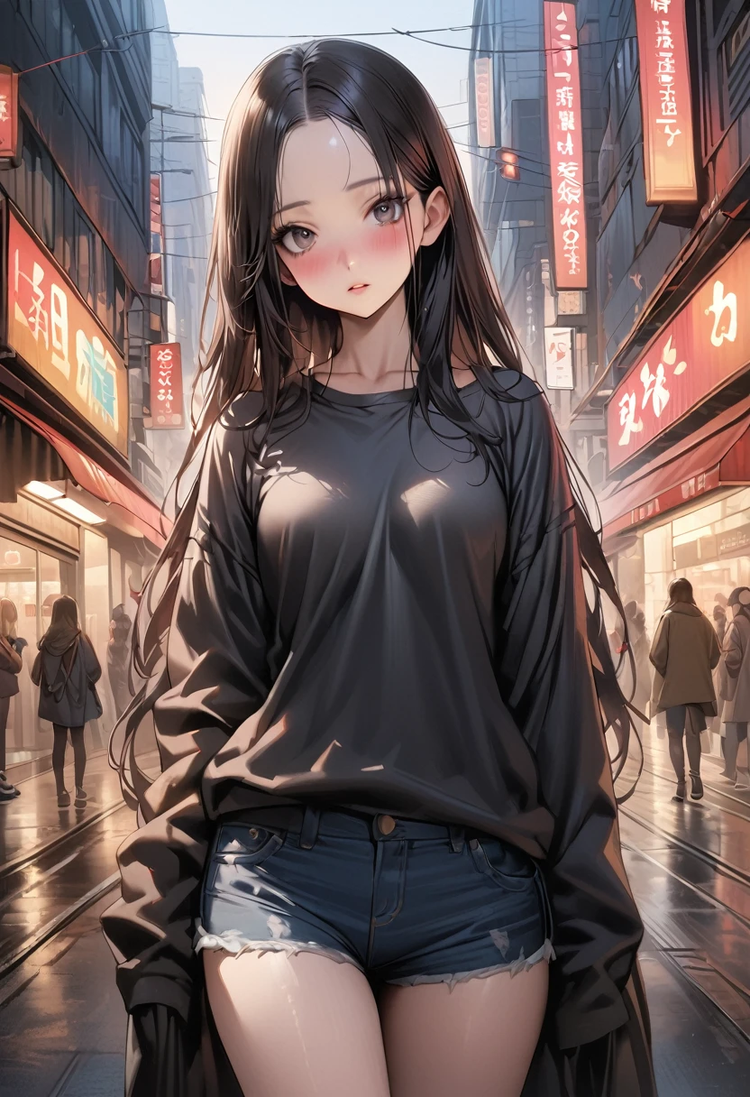 ((masterpiece,Highest quality:1.3,best quality illustration)),realistic,cowboy shot,独奏,1woman,(25 year old beauty),((very small head:1.3)),black hair,long hair,forehead,center parted bangs,black eyes,gorgeous big eyes,blush,((very long body,skinny)),medium breasts,gleaming skin,slender body,skinny,(oversized gray sweatshirt)、Denim shorts、standing,on street,Shinjuku、Tokyo、
