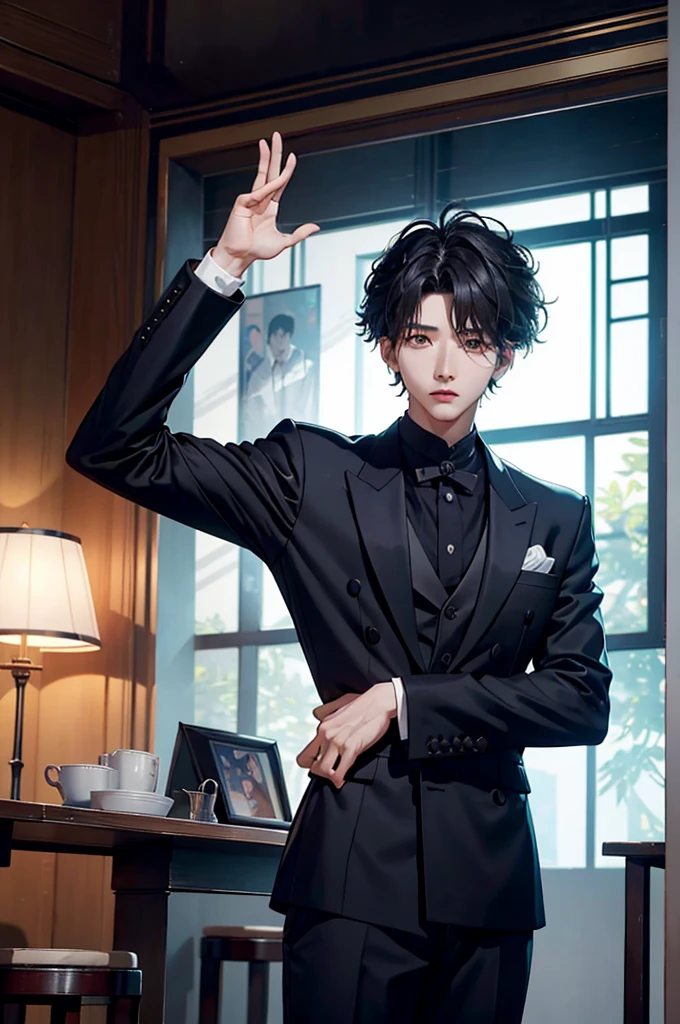 there is a man that is standing in a room with a hand up, cai xukun, sha xi, xqc, inspired by Zhang Han, 2 0 2 0 fashion, smooth in _ the background, lv, still from a live action movie, jungkook, jimin
