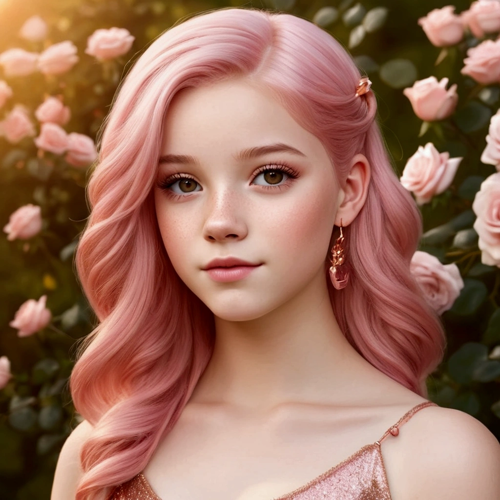 Adorable fair skinned pink haired European  pink gold rose gold color theme Realistic Photo