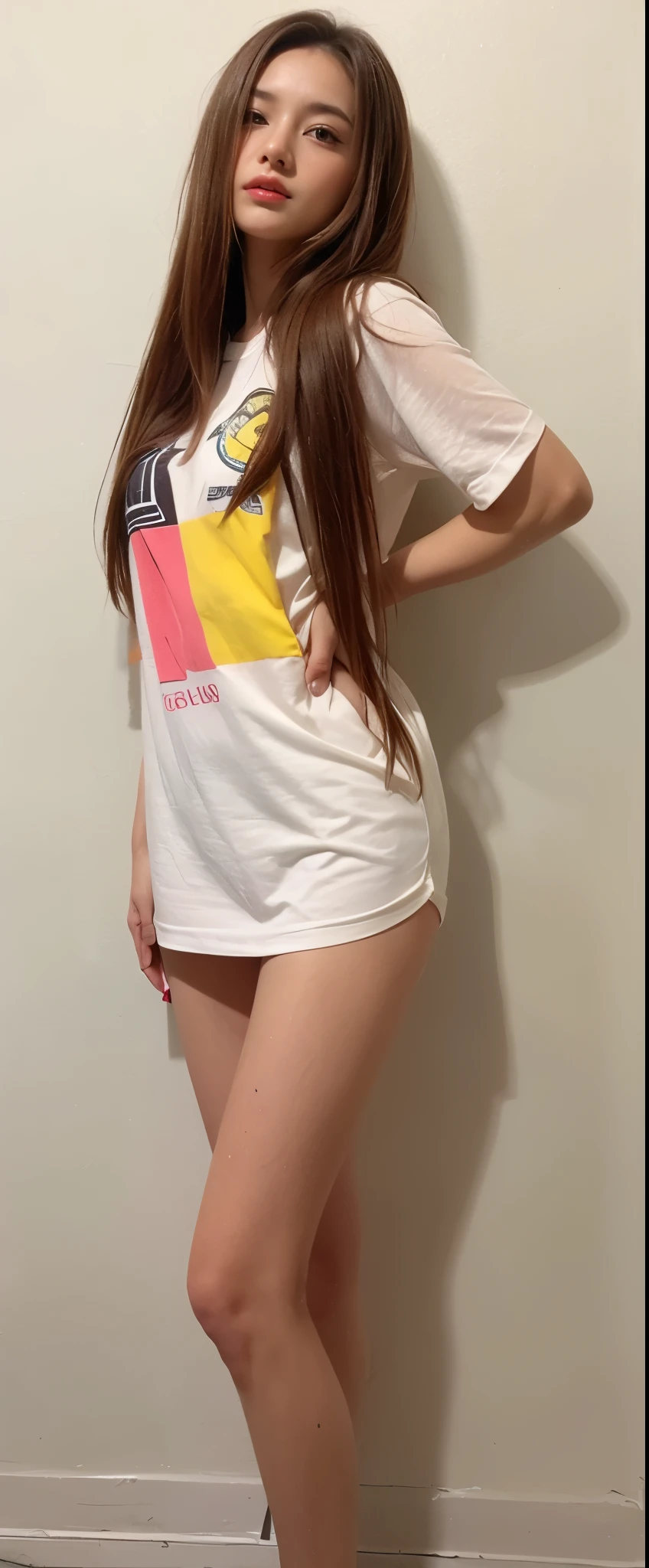 a close-up of a woman standing in a room with a white wall, 90s vibe, Vibe dos anos 90, estilo dos anos 90, estilo y2k, estilo y2k, estampa vintage anos 90, estampa vintage dos anos 90, graphic t-shirts, vestido com uma camiseta branca, estilo anos 8 0, 2 modelo feminino de 4 anos