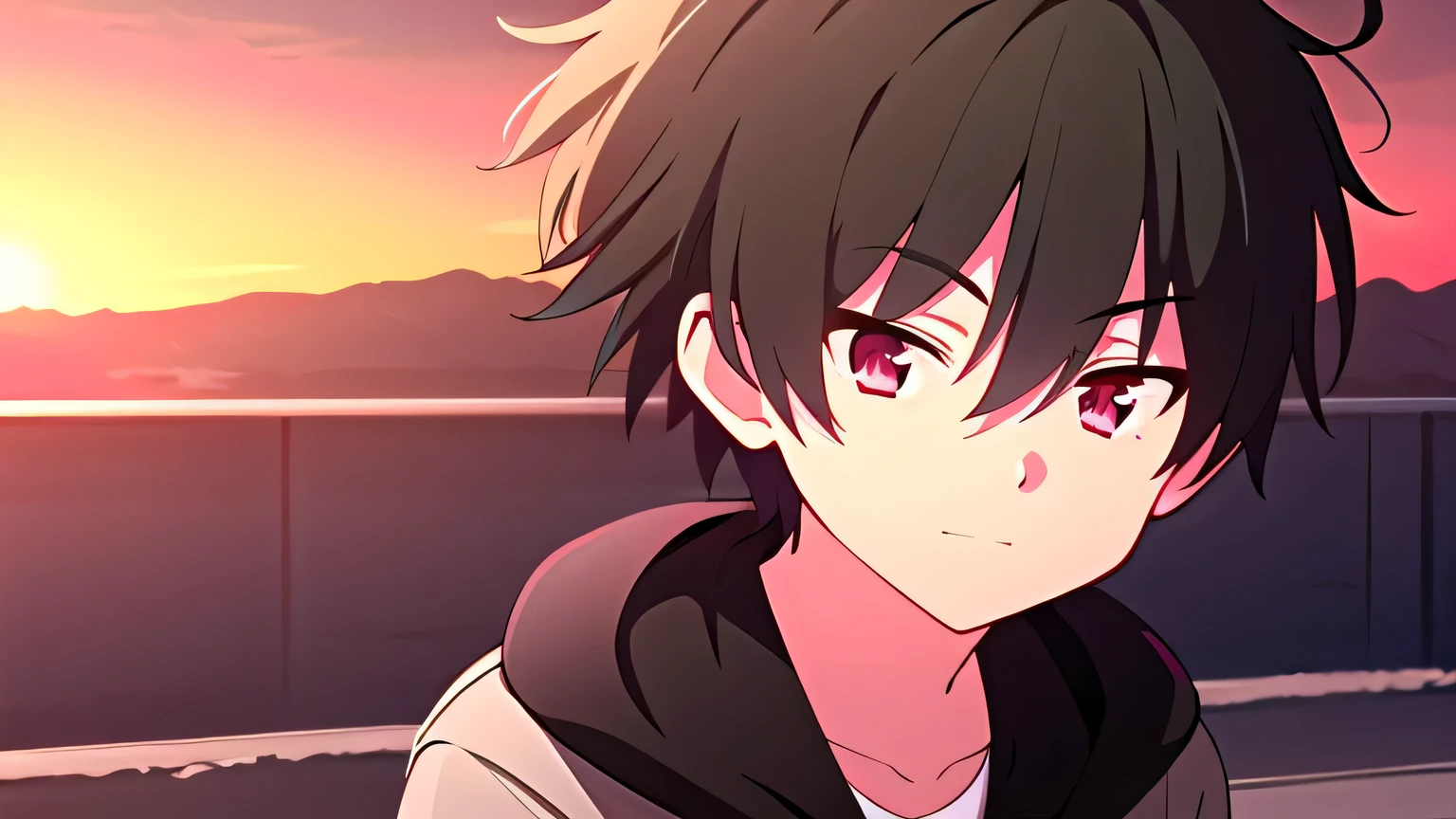  skinny, solo, 1boy, man, male A gloomy appearance,innocent smile,very short hair, short cut hair, black hair, red eyes,messy hair, bangs, messy bangs, cowlick, black hoodie, upper body, theme dark, sunset background,