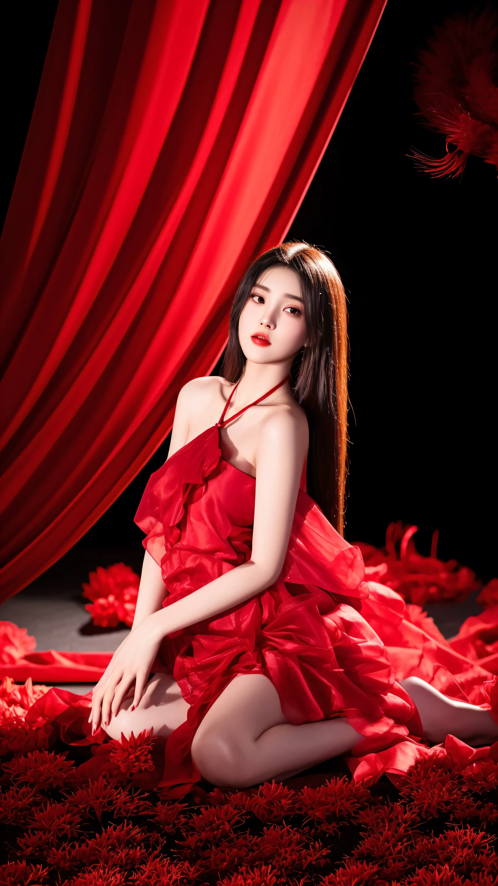 arafed woman in a red dress sitting on a red carpet, full body xianxia, wearing a red cheongsam, sha xi, iu lee ji-eun as a super villain, in red background, xianxia fantasy, wearing red attire, red clothes, red mood in background, xianxia, gongbi