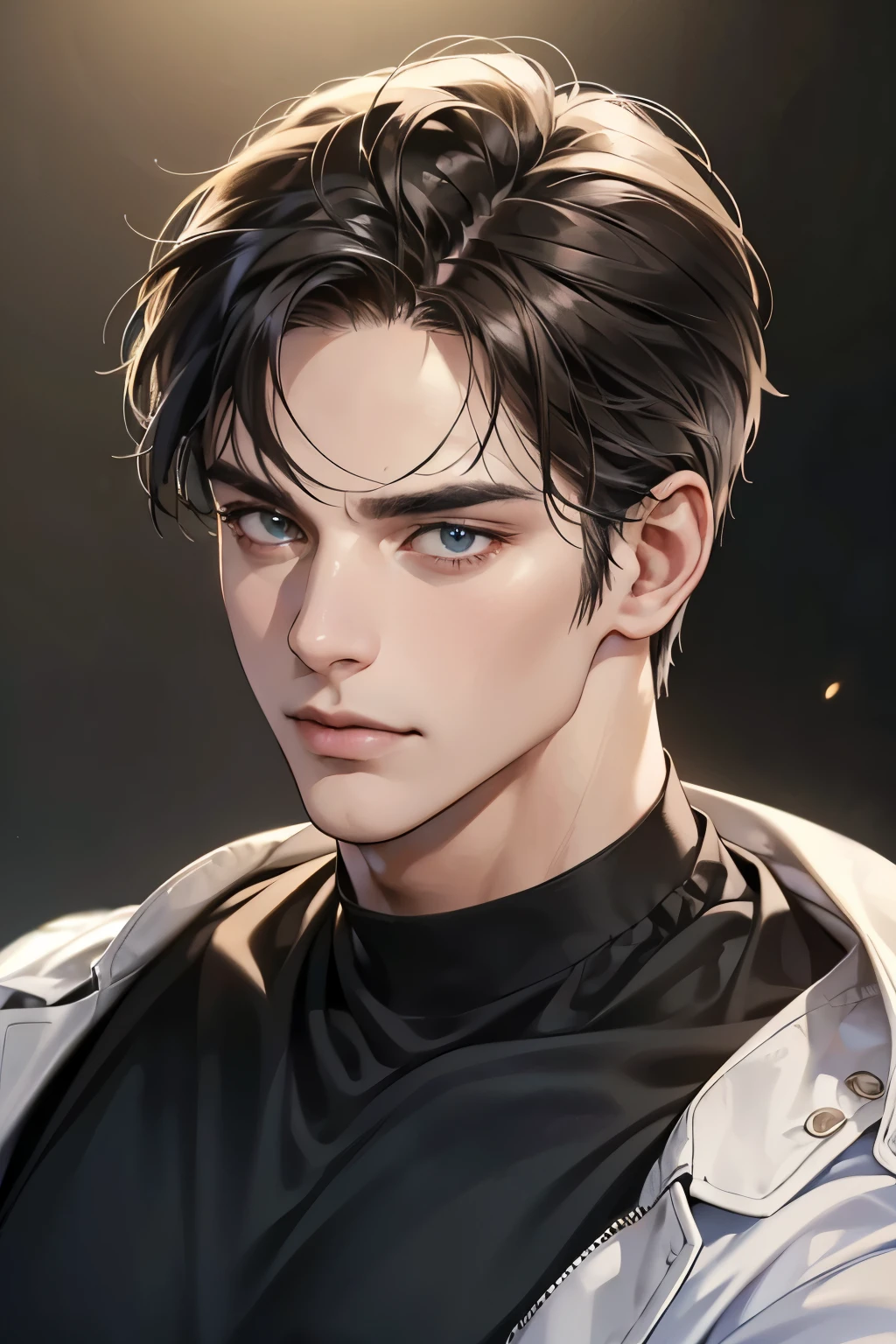 (Best quality,4K,8K,a high resolution,masterpiece:1.2),ultra detailed,(realistic,photorealistic,photo-realistic:1.37),39 year old man,Beautiful anime,portraits,strong,masculine,dark hair,Sharp jawline,Mesmerizing eyes,Perfectly styled hair,confident expression,bright colors,dynamic lighting,Brown eyes,(Black T-shirt),(dark skin),((mature man, man 40 years old)), (square jaw)