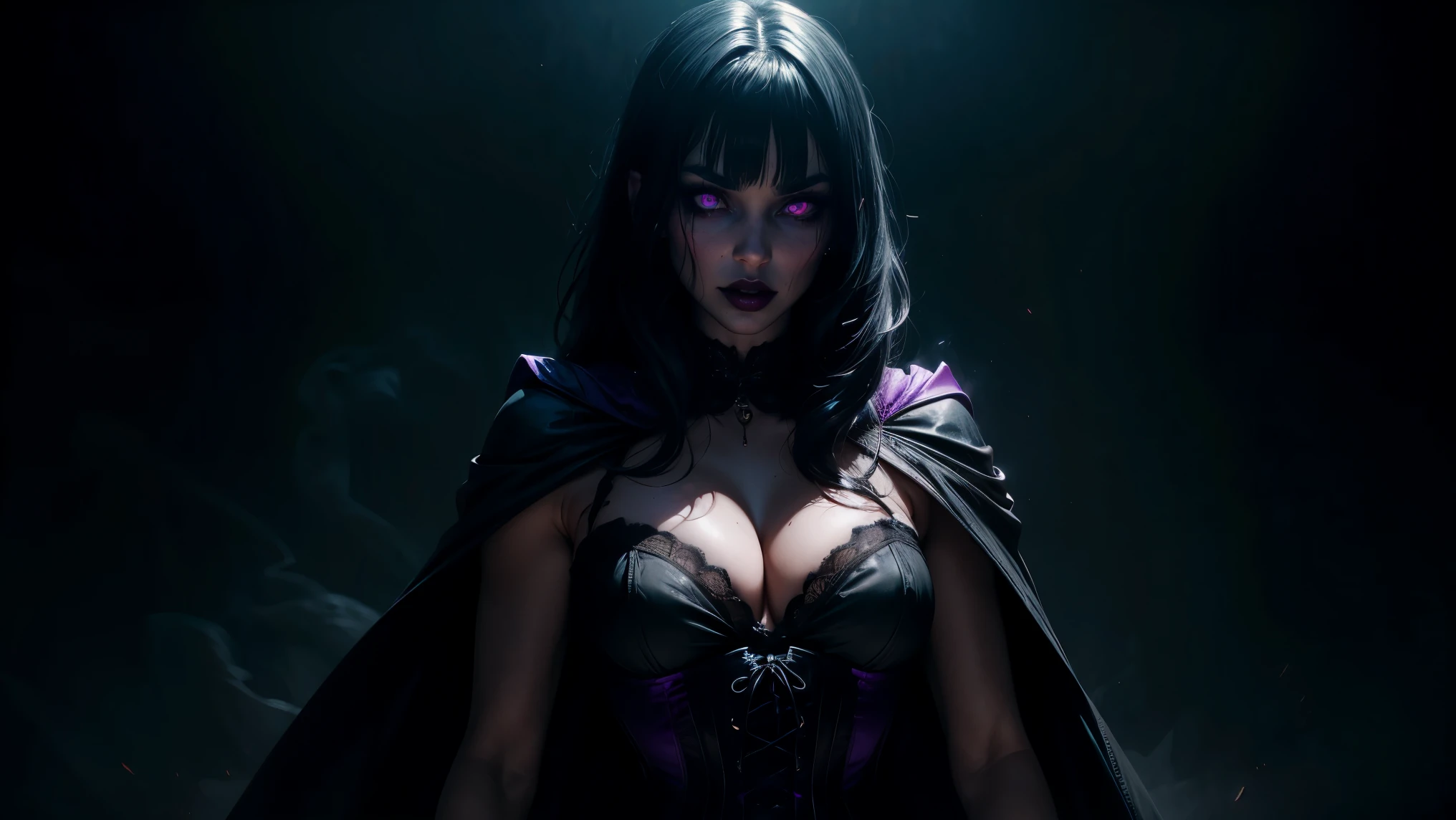Vivid, high-contrast horror cowboy shot of a white vampire woman beautiful, a black dress, long black hair, wearing a corset, flowy dark black hair, lashes, ark makeup, shoulders exposed, cape, evil look, black lipstick, (((short bangs))), smokey eyes makeup, black lipstick, radiant purple PUPILS, exposed, perfect anatomy under a dramatic, gritty lighting