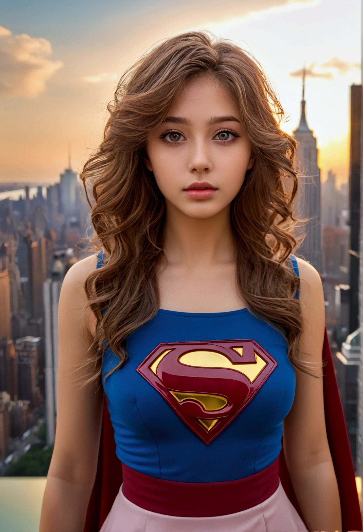 anime styling, (superman girl), incredibly beautiful portrait photo of Alina Gorokhova, 21 years old, whole body, top angle, body curves, へそ, mini-skirt, smooth and creamy skin, beautiful brown eyes, Beautiful facial details, ((Manhattan background) )), low angle medium shot, greedy and attractive, incredibly euphoric beautiful, vivid emotion, peach fuzz, symmetrical circular iris, natural glow makeup, detailed humidity, detailed drops, detailed intricate hair strands, dslr, reflected in ray tracing, Deni Pinheiro, Bud Melmann de Larry, symmetrical face and body, CG Society, Gottfried Hernwein e Irakli Nadal, eye reflections, focusing, unreal motor 5, Visual effects, film photography, extreme detail, ultra HD, Post-processing, post production, single face, Tanvir Tamim, Fotografia Ultra-Realista, Shot with Hasselblad X1D-50c, ISO 100