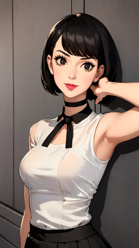 1 girl, milf, black eyes, cutie short hair, black hair, black choker, very Short hair, tied shirt, armpits, lipstick, portrait, smile, lipstick, medium breast, short tube skirt, office background