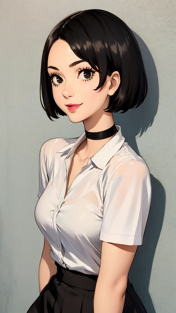 1 girl, milf, black eyes, cutie short hair, black hair, black choker, very Short hair, tied shirt, armpits, lipstick, portrait, smile, lipstick, medium breast, short tube skirt, office background