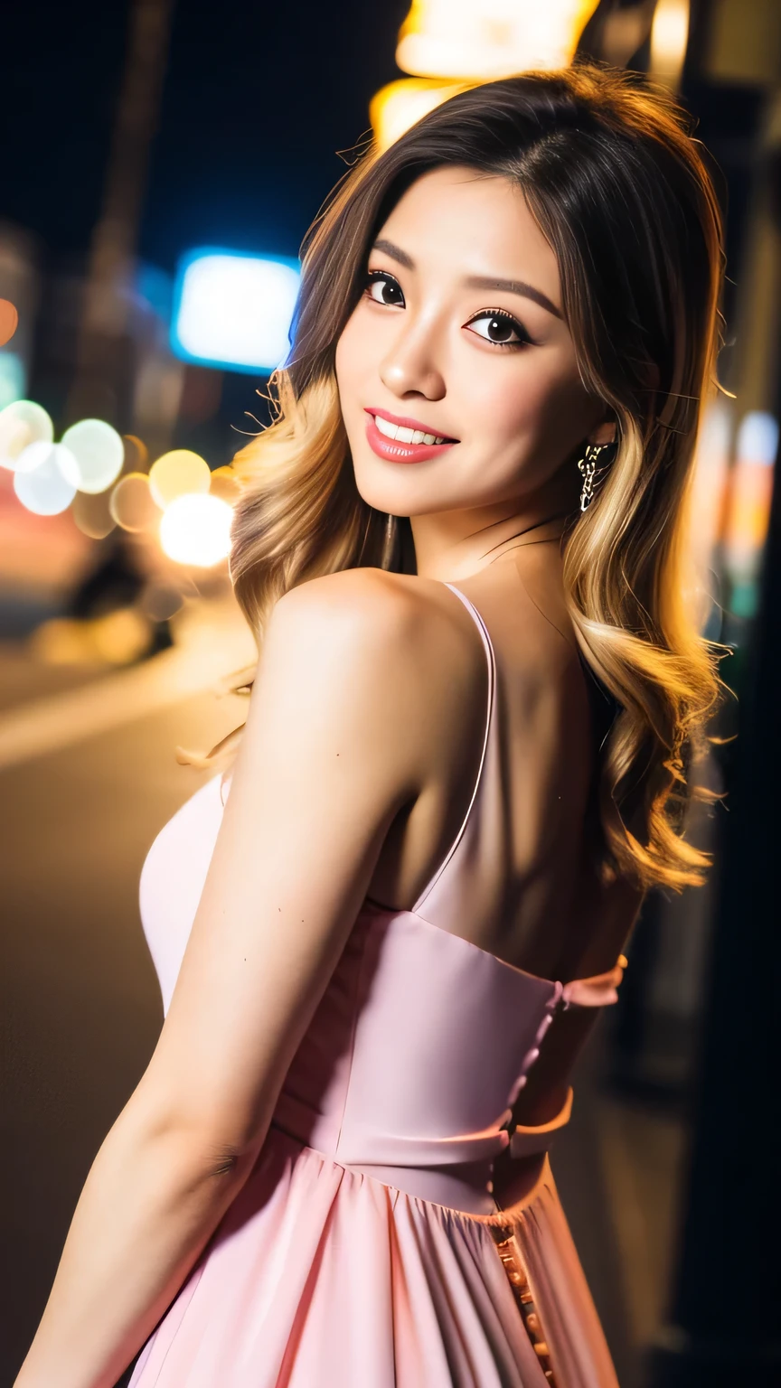 8k, masterpiece, RAW Photos, Highest quality, Realistic, extremely detailed CG unity 8k wallpaper, Depth of written boundary, Cinematic Light, Lens flare, Ray Tracing, (Very beautiful face, Beautiful Lips, Beautiful Eyes), Exquisitely detailed face, ((Highly detailed skin))、Turning around、Buckshot,  One Japanese woman, Blonde Long Hair、In the Dark, Deep Shadow, Beautiful Japanese Woman, Very slim, Big smile,  (ぼやけたbackground), (backgroundに人がいない:1.3), Clear Eyes, walk, Pale skin, Big eyes, Look forward,((Pink evening dress:1.3)),((tight fitting dress)), (View your viewers:1.3), Medium chest,  background：Downtown at night、