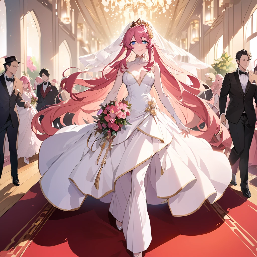 ((Highest quality)), ((masterpiece)), (detailed), （Perfect Face）、The woman, Lacus Ram Tao, is happily walking down the red carpet aisle, embraced by Orpheus, a handsome man with blue eyes, medium-long pink hair, and slightly longer blonde hair wearing a white tuxedo.、The woman is Queen of Accord, wife of King Orpheus of Accord, wearing a vintage wedding dress and wedding veil with gorgeous gold embroidery and trim, an engagement ring, beautifully decorated accessories, and gorgeous hair ornaments. She is named Lux Lam Tao and has medium-long pink hair.、Beloved wife of Orpheus, King of Accord