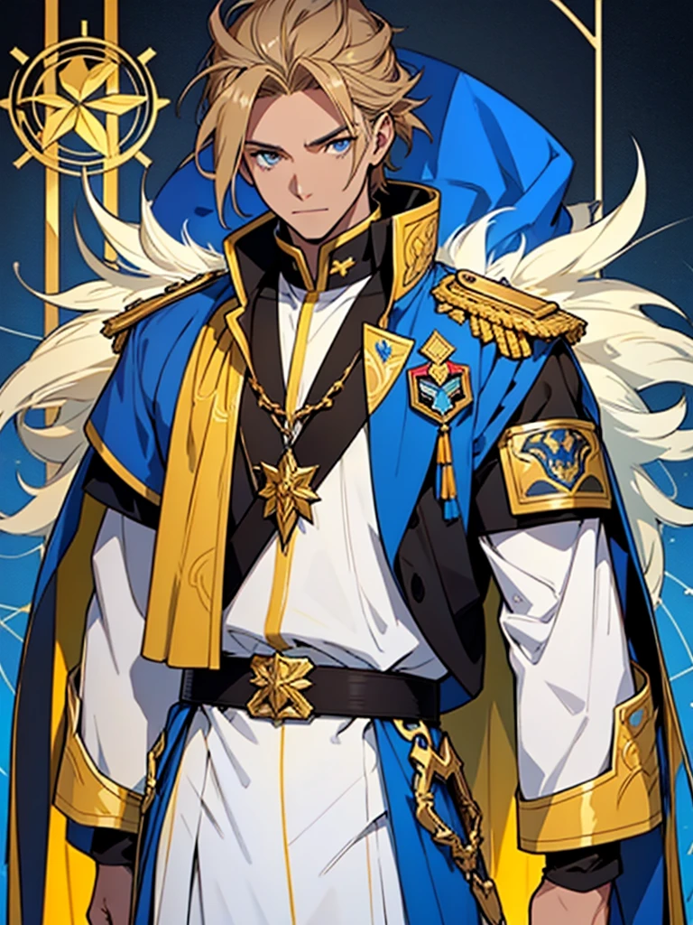 A male character with brown hair and blonde highlights, blue colored eyes, wearing an elaborate uniform. Slim and young The blue priest uniform, offwhite, yellow and black, with a blue jacket decorated with yellow details and a white cape with yellow edges. He wears white pants and a brown belt with a large gold star-shaped buckle.. father, priest, The character has golden ornaments on his shoulders and sleeves., a bright blue ornament on the forehead, and golden details on your face, Golden Elements, work of art, high qualiy, highy detailed, High definition, 4K model sheet