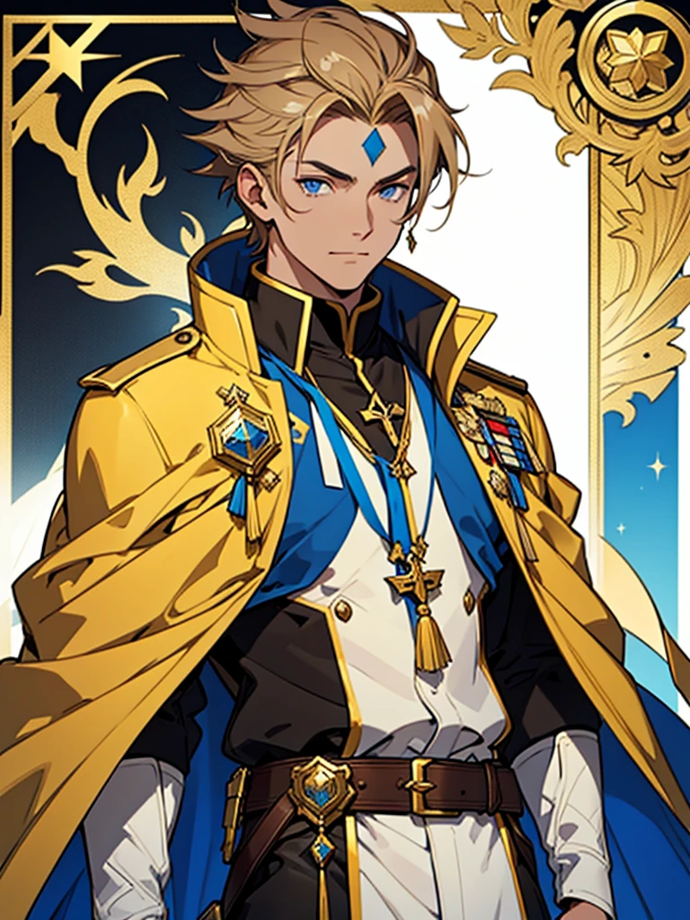 A male character with brown hair and blonde highlights, blue colored eyes, wearing an elaborate uniform. Slim and young The blue priest uniform, offwhite, yellow and black, with a blue jacket decorated with yellow details and a white cape with yellow edges. He wears white pants and a brown belt with a large gold star-shaped buckle.. father, priest, The character has golden ornaments on his shoulders and sleeves., a bright blue ornament on the forehead, and golden details on your face, Golden Elements, work of art, high qualiy, highy detailed, High definition, 4K model sheet
