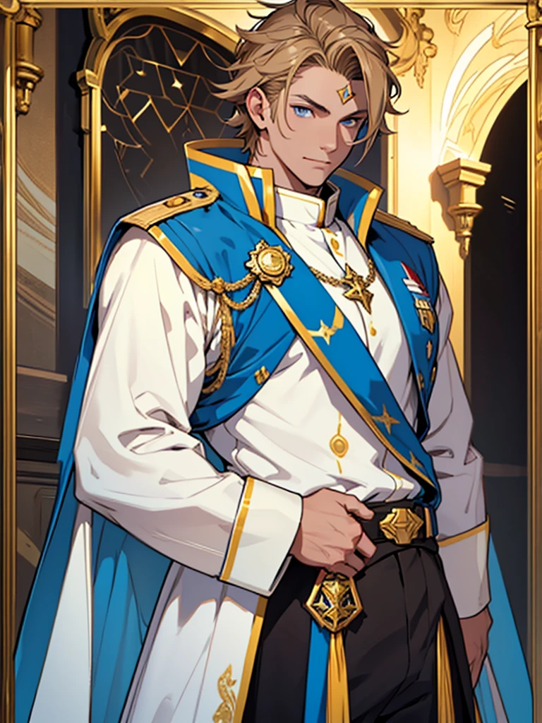 A male character with brown hair and blonde highlights, blue colored eyes, wearing an elaborate uniform. Slim and young The blue priest uniform, offwhite, yellow and black, with a blue jacket decorated with yellow details and a white cape with yellow edges. He wears white pants and a brown belt with a large gold star-shaped buckle.. father, priest, The character has golden ornaments on his shoulders and sleeves., a bright blue ornament on the forehead, and golden details on your face, Golden Elements, work of art, high qualiy, highy detailed, High definition, 4K model sheet